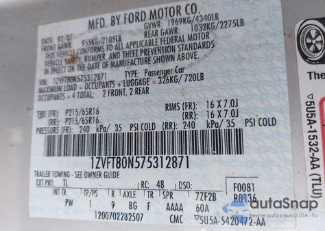 2007 Ford Mustang z USA, uszkodzony, nr VIN 1ZVFT80N575312871